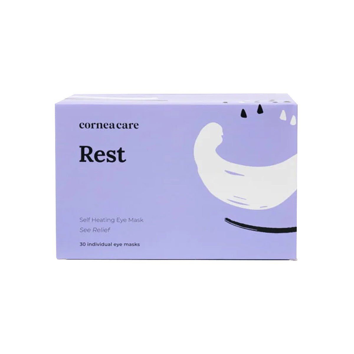 The CorneaCare Self Heating Warm Compresses (30ct) box in purple, adorned with abstract white and black shapes, holds 30 masks for Dry Eyes Relief and Eye Hydration, providing soothing comfort for see relief.