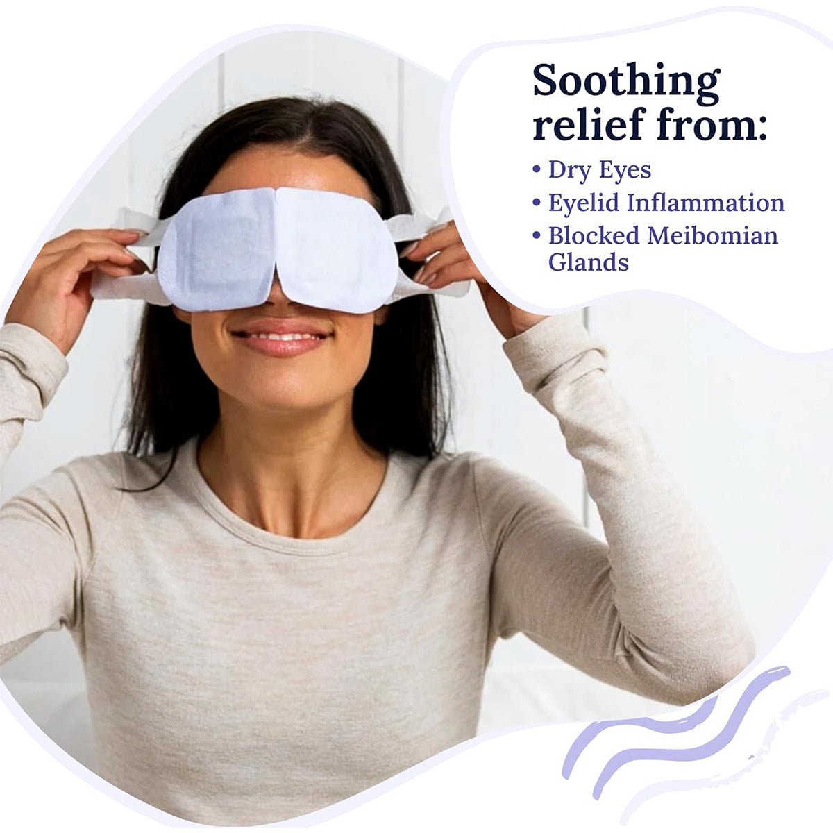 A woman wears a white eye mask. Text overlay: Soothing relief for dry eyes, eyelid inflammation, and blocked meibomian glands. Experience ultimate relief with CorneaCare Self Heating Warm Compresses (30ct) for optimal eye hydration. Decorative elements on a light background enhance the scene.