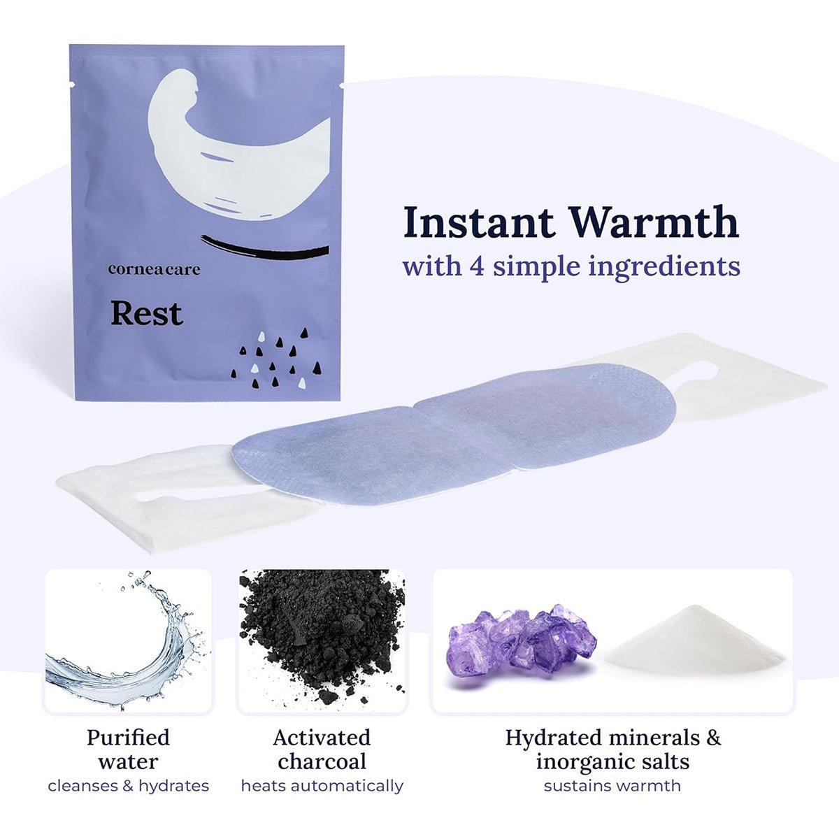 The image shows a blue CorneaCare Self Heating Warm Compresses package and an unfolded compress. The text below promises Instant Warmth with 4 simple ingredients, perfect for dry eyes relief: purified water, activated charcoal, hydrated minerals, and inorganic salts.