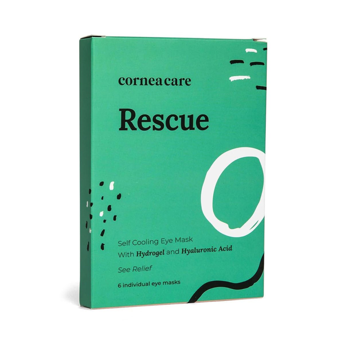 The green box, labeled CorneaCare Rescue, features a design with artistic doodles. It contains a 6-pack of self-cooling eye masks enriched with hydrogel and hyaluronic acid, providing relief for allergy-prone eyes.