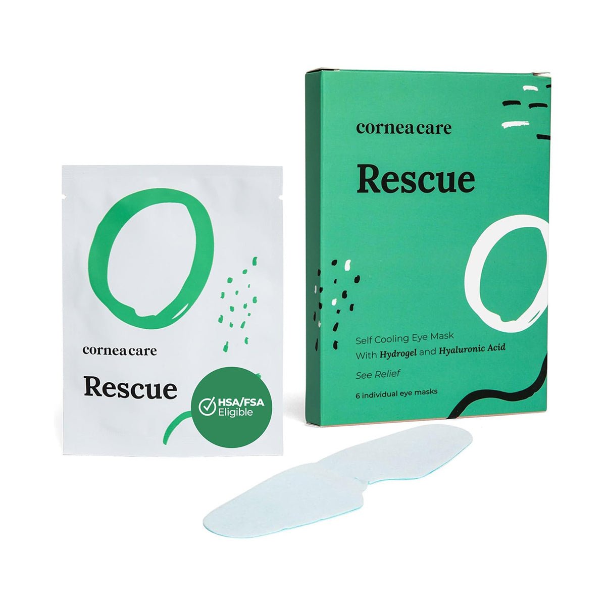 CorneaCare Rescues green and white packaging highlights their HSA/FSA eligible, self-cooling eye masks ideal for allergy-prone eyes. Infused with hydrogel and hyaluronic acid for dry eye relief, each box contains six individual masks.