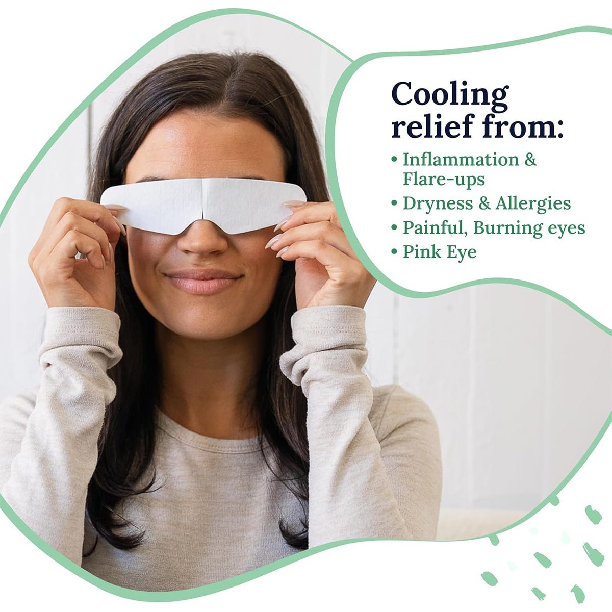 A person holds CorneaCare Rescue Cooling Eye Masks for allergy relief over their eyes, smiling. Text lists relief for dry eyes, inflammation, flare-ups, allergies, painful burning eyes, and pink eye. The design features green and teal accents for a refreshing look.