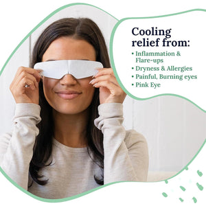A person holds CorneaCare Rescue Cooling Eye Masks for allergy relief over their eyes, smiling. Text lists relief for dry eyes, inflammation, flare-ups, allergies, painful burning eyes, and pink eye. The design features green and teal accents for a refreshing look.