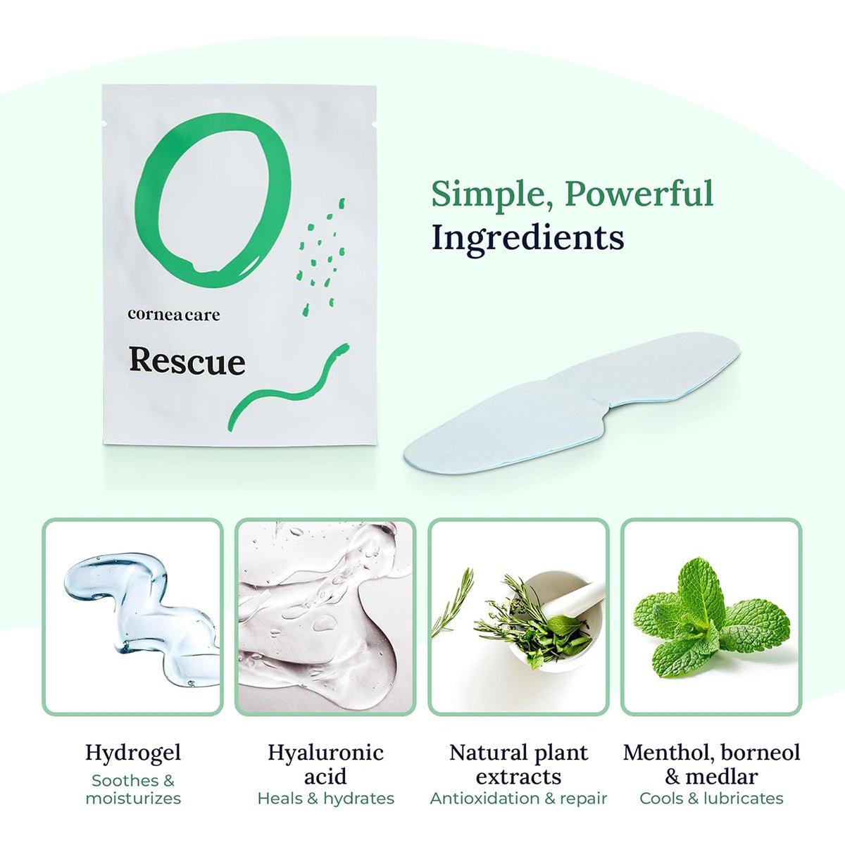The CorneaCare Rescue Cooling Eye Masks (6-pack) features a single mask image and highlights benefits: self-cooling hydrogel compresses, hyaluronic acid, natural plant extracts, menthol, borneol, and medlar—ideal for soothing relief for allergy-prone eyes.