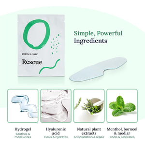 The CorneaCare Rescue Cooling Eye Masks (6-pack) features a single mask image and highlights benefits: self-cooling hydrogel compresses, hyaluronic acid, natural plant extracts, menthol, borneol, and medlar—ideal for soothing relief for allergy-prone eyes.