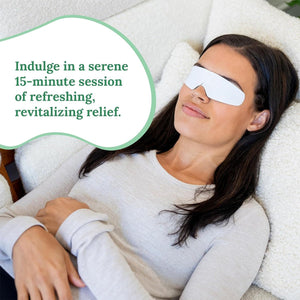 A woman with long dark hair relaxes on a cushioned surface, wearing white eye patches and a light gray top. A speech bubble reads, Enjoy a serene 15-minute session of refreshing relief with CorneaCare Rescue Cooling Eye Masks for Allergy Relief.