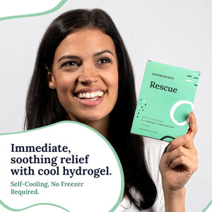 A person holds a green CorneaCare Rescue box with cooling eye masks for allergy relief (6-pack). The image reads, Immediate, soothing relief with self-cooling hydrogel. No freezer required.