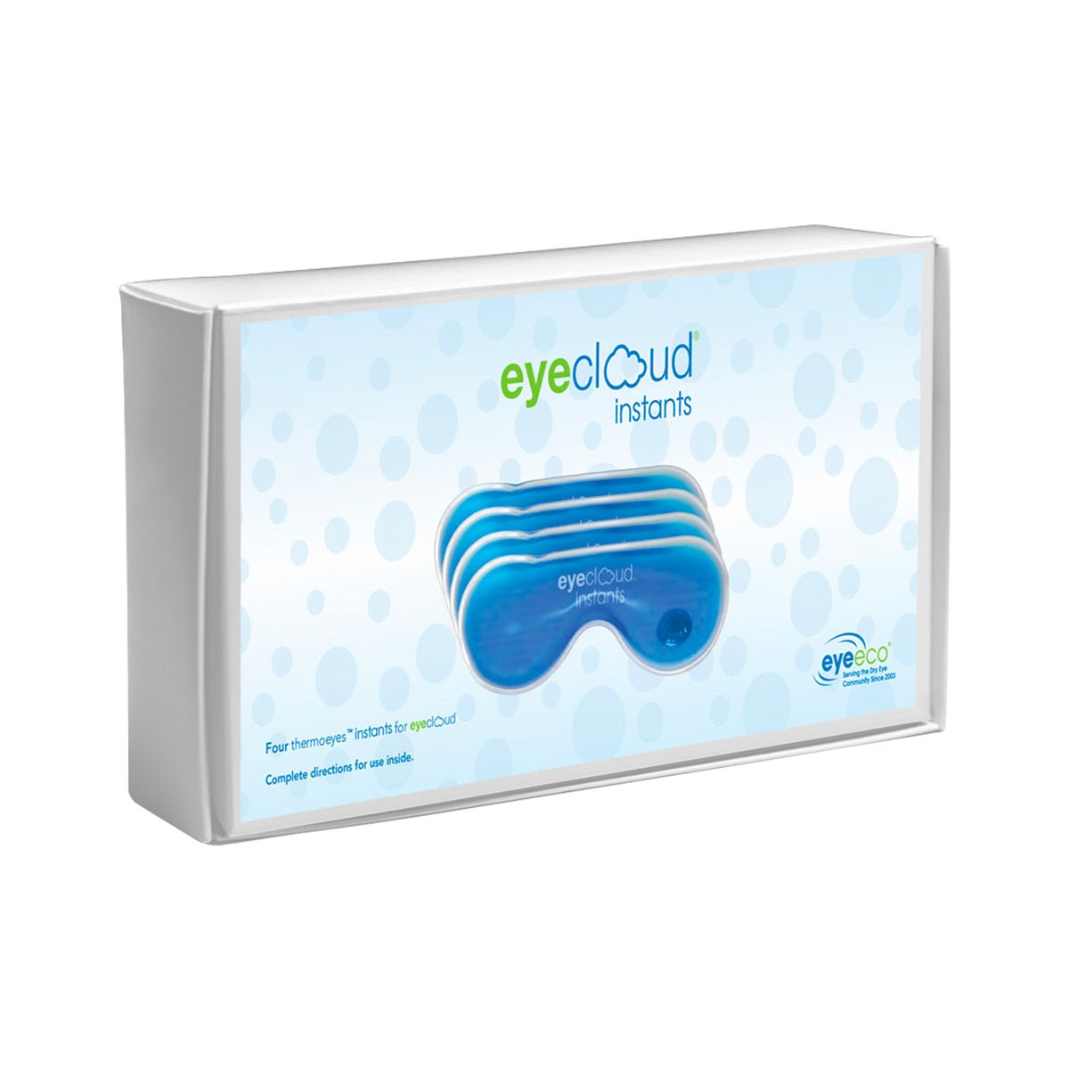 The image shows a white box labeled Eyecloud Instants 4-Pack Replacement Inserts from PRN, featuring blue gel eye masks like the Eyecloud goggle with a light blue circles pattern and the Eyeeco logo prominently displayed.