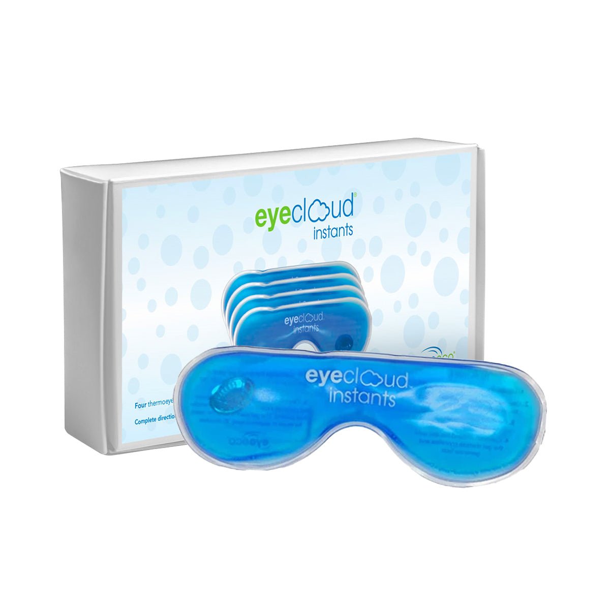 A blue gel eye mask sits before a box of Eyecloud Instants, adorned with light blue circles. Inside are 4-pack replacement inserts by PRN. These masks offer soothing relaxation and pair well with our heat gel packs for an enhanced calming experience.