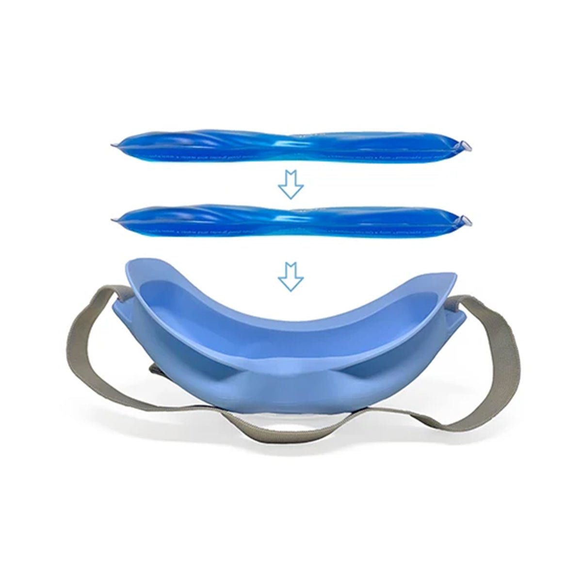 Introducing the Eyecloud Instants by PRN: a blue ice pack with a strap and two elongated gel packs. Arrows illustrate the easy insertion of these heat gel packs into the main compartment for efficient cooling and soothing relief.