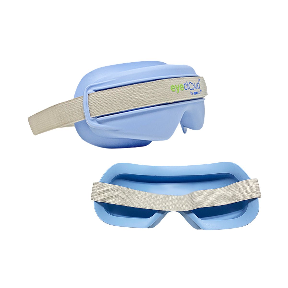 The EyeCloud Home Treatment Kit by PRN is perfect for blepharitis relief, featuring light blue eye masks with elastic beige straps. One mask shows the strap attachment, while the other reveals its concave interior and back strap, ideal for moist heat therapy with 600+ gel pack uses.