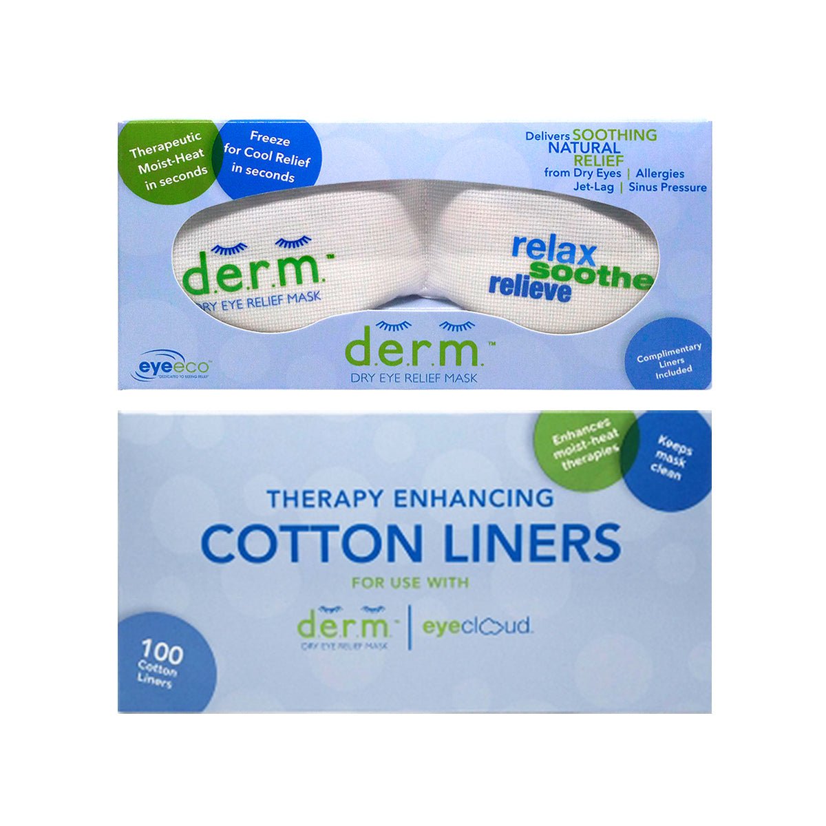 The EyeEco D.E.R.M.™ Dry Eye Relief Mask & Replacement Liners Bundle by PRN highlights soothing relief via moist-heat therapy. The 100 disposable liners are designed for use with the mask to enhance dry eye relief.