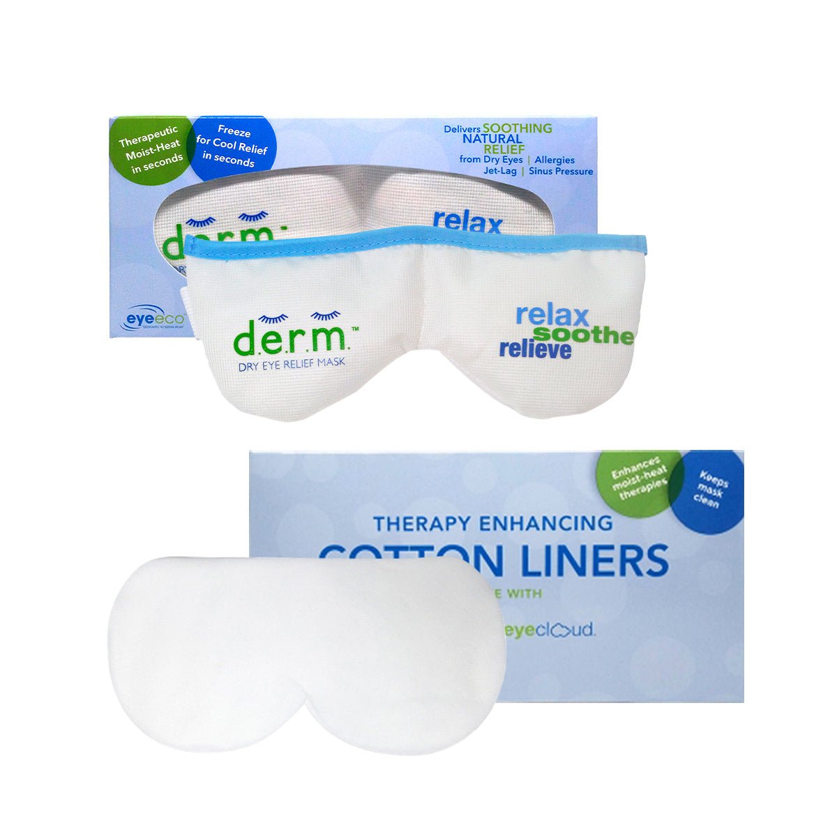 The EyeEco D.E.R.M.™ Dry Eye Relief Mask & Replacement Liners Bundle by PRN features relax soothe relieve text on the mask and includes cotton liners. The package promotes moist-heat therapy for therapeutic relief and easy cleaning with disposable liners.