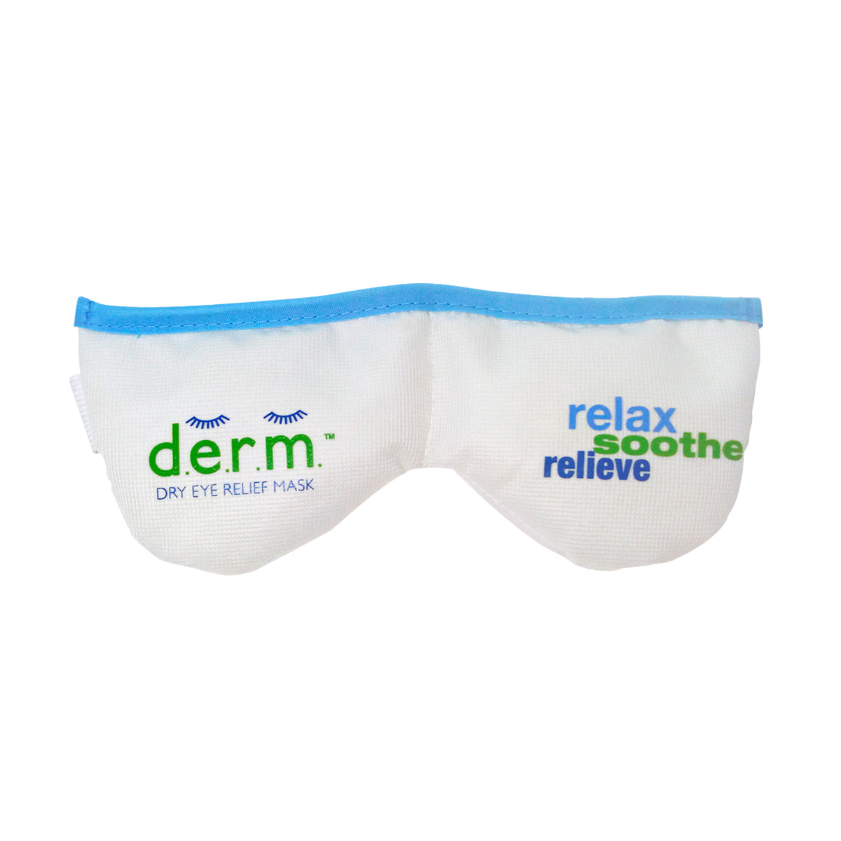 The EyeEco D.E.R.M. mask packaging by PRN features an image of the mask and highlights its soothing, hypoallergenic relief for dry eyes, jet lag, and sinus pressure. Blue and green accents emphasize phrases like relax soothe relieve and freeze for cool, moist-heat therapy.