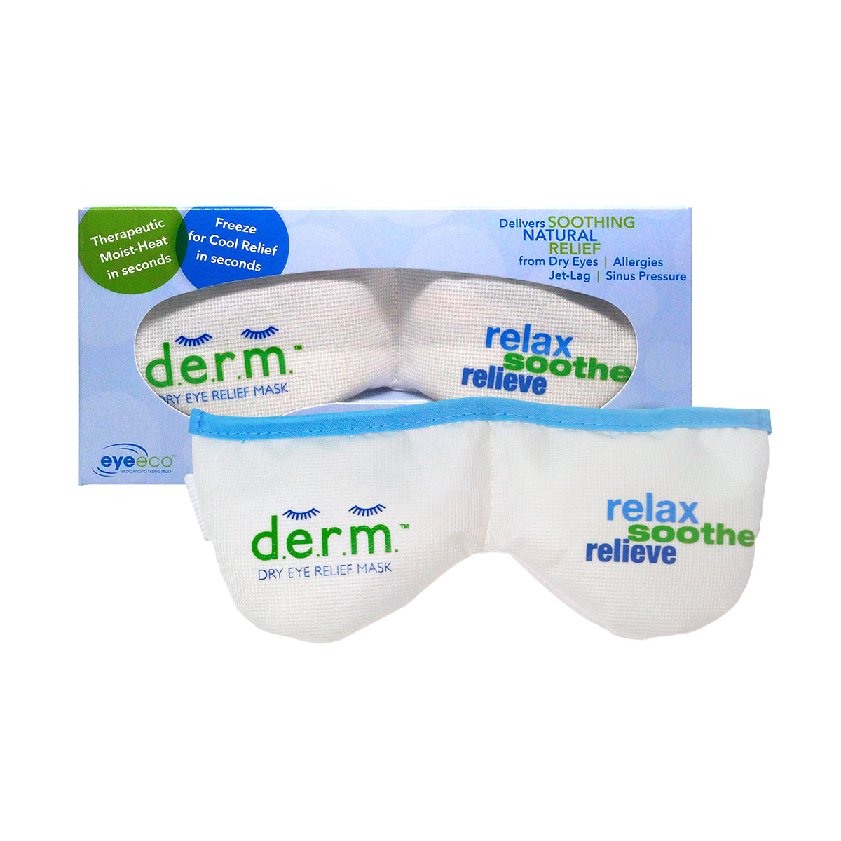 The EyeEco D.E.R.M. Dry Eye Relief Mask by PRN offers hypoallergenic comfort with relaxing relax soothe relieve in blue and green. The packaging highlights moist-heat therapy for dry eye relief, showcasing the brand name in calming colors.