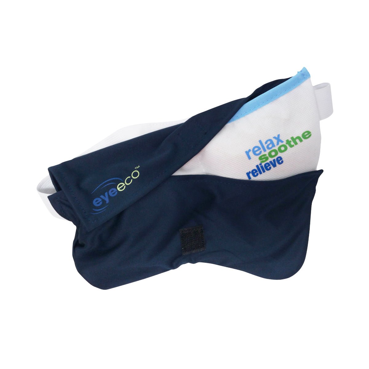 The PRN EyeEco Eye Relief Mask D.E.R.M. is a blue and white mask with relax soothe relieve text, ideal for dry eye relief. Filled with silica beads for moist-heat therapy, it features an adjustable strap and comes folded with a Comfort Cover.