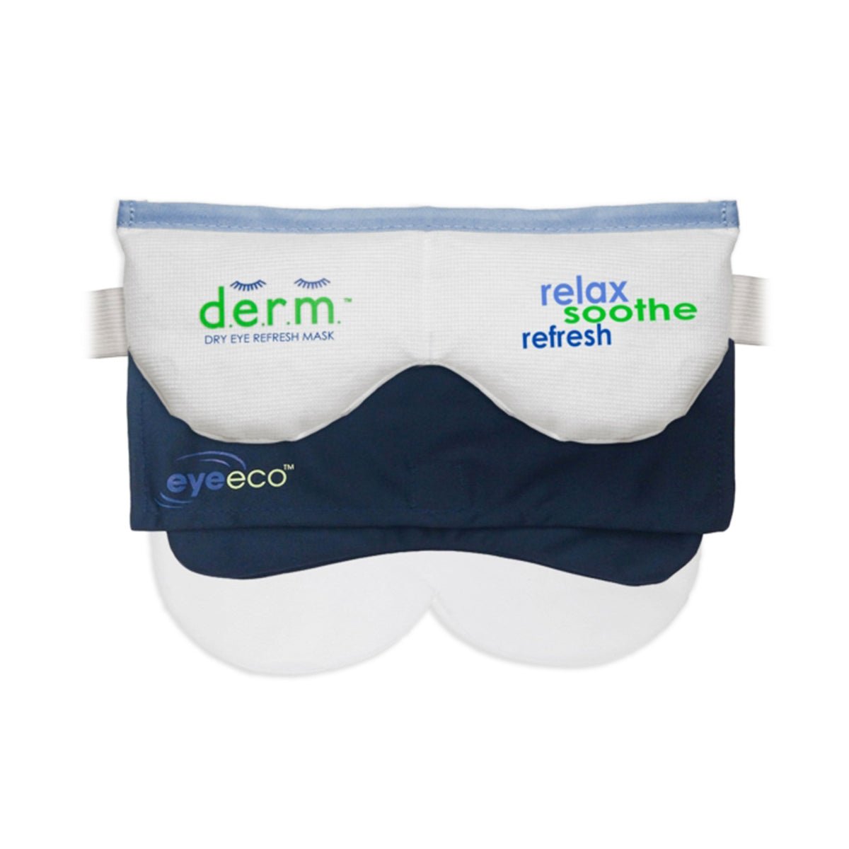 The EyeEco D.E.R.M. by PRN is a blue and white eye mask for Dry Eye Relief, featuring adjustable white straps and moist-heat therapy with silica beads for optimal comfort. Labeled derm and eye eco, it promises to relax, soothe, and refresh, providing ultimate relaxation.