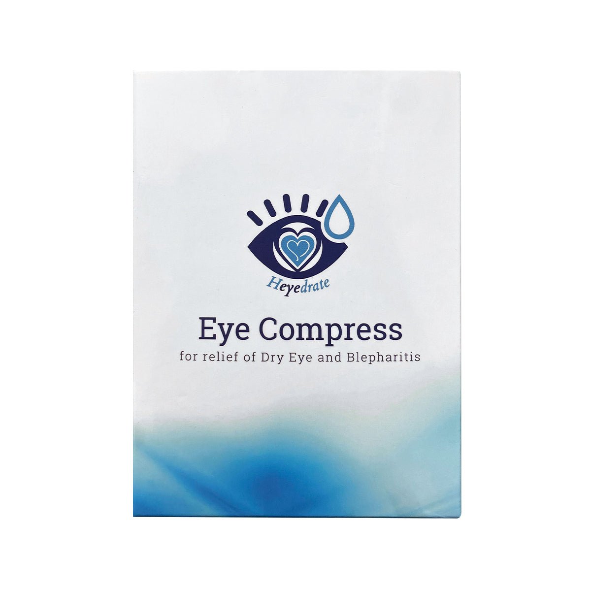 Packaging includes a stylized eye, tear drop, and heart with text: Heyedrate Warm Compress Eye Mask for relief of Dry Eye and Blepharitis. The background gradient from white to blue highlights its reusable hot & cold therapy perks by PRN - Physician Recommended Nutriceuticals.