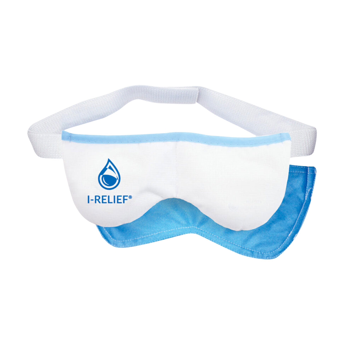 The I-Med Pharma I-RELIEF™ eye mask, in blue and white with a water droplet logo and adjustable strap, provides Dry Eye Relief. This comfortable mask uses ThermaBeads Technology for effective hot & cold therapy to relieve Blepharitis, MGD, styes, and puffiness.