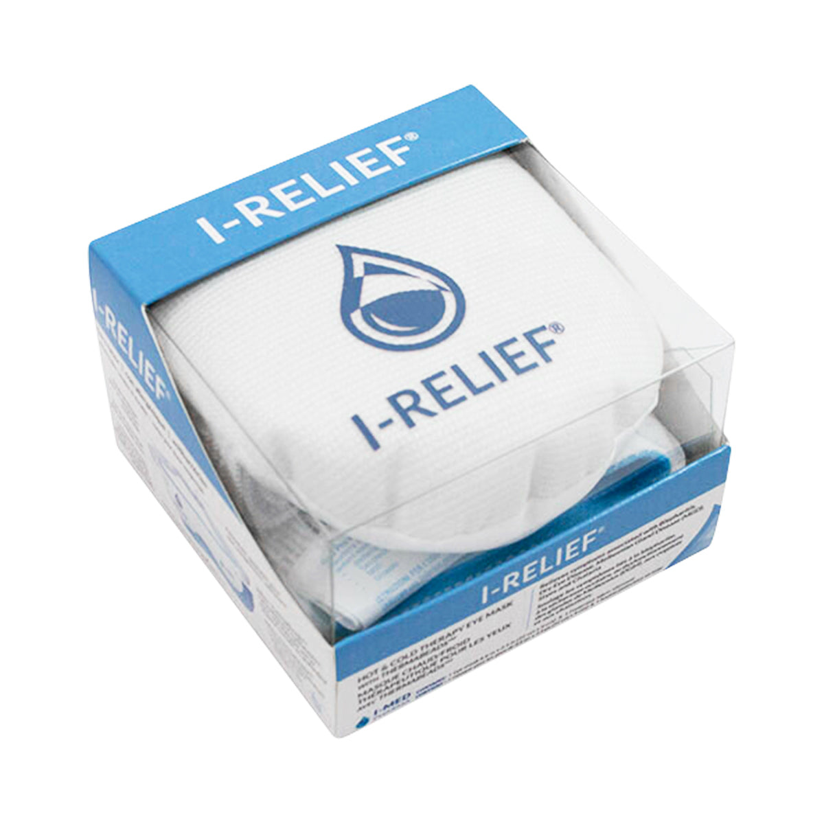 The clear packaging of I-Med Pharmas I-RELIEF™ Eye Mask showcases a white and blue design with a drop-shaped logo. I-RELIEF is prominent on the box, which reveals the Hot & Cold Therapy Eye Mask inside, ideal for dry eye relief using advanced ThermaBeads Technology.