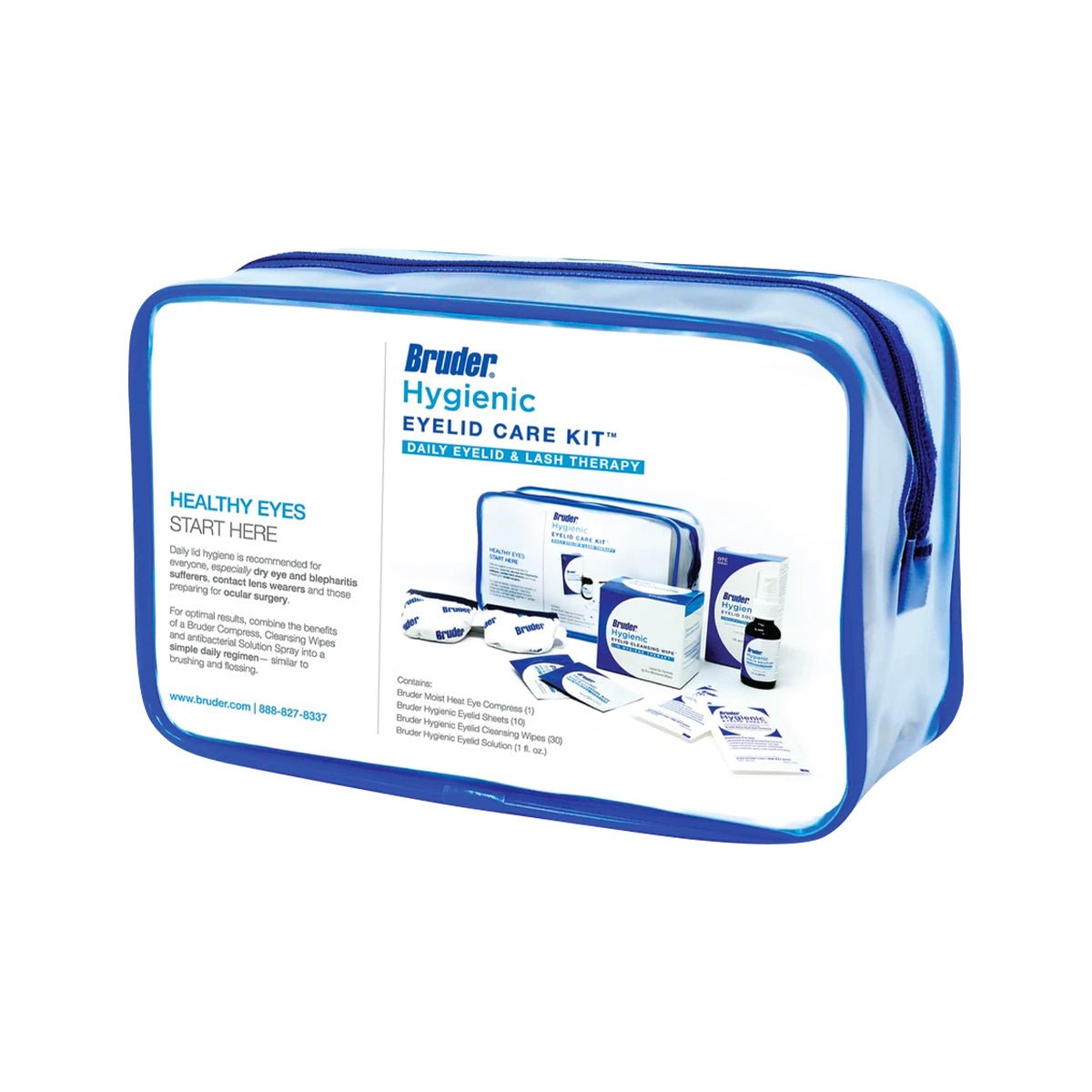 A zippered pouch in blue and white, labeled Bruder Hygienic Eyelid Care Kit, offers products for eyelid care, blepharitis relief, and dry eye. It promotes daily therapy for healthy eyes. Website and phone number included.