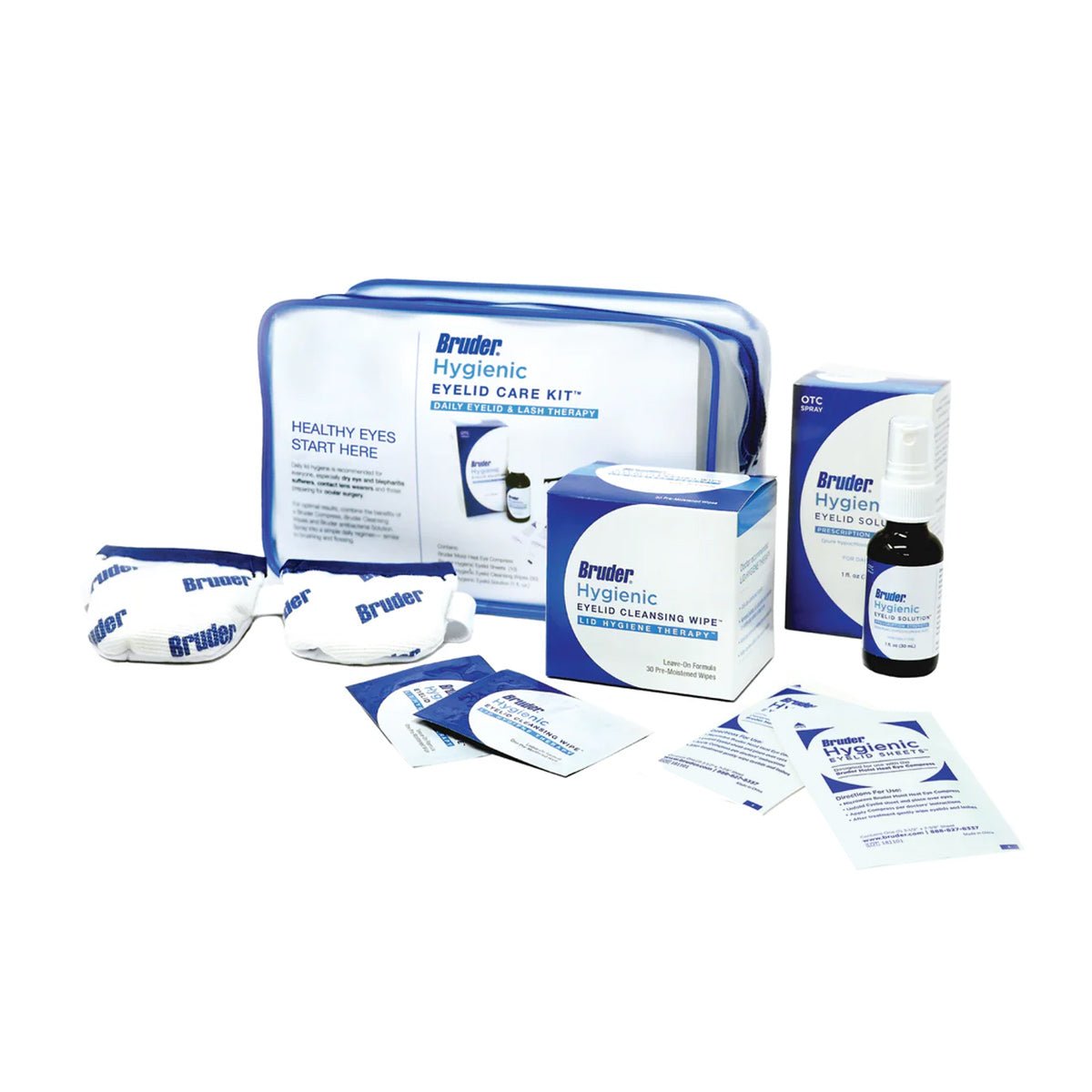 The Bruder Hygienic Eyelid Care Kit includes two therapy masks, cleansing wipes, a spray bottle, and branded boxes in a clear zippered pouch—perfect for managing dry eye and blepharitis.