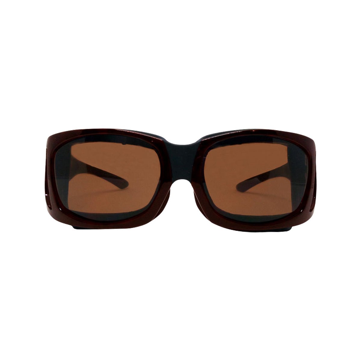 The PRN EyeEco Large Moisture Release Eyewear, featuring a demi amber frame and copper lenses, boasts a bold modern design with thick rims and glossy finish. The oversized rectangular sunglasses include an anti-fog coating for clarity and are displayed frontally on a white background.