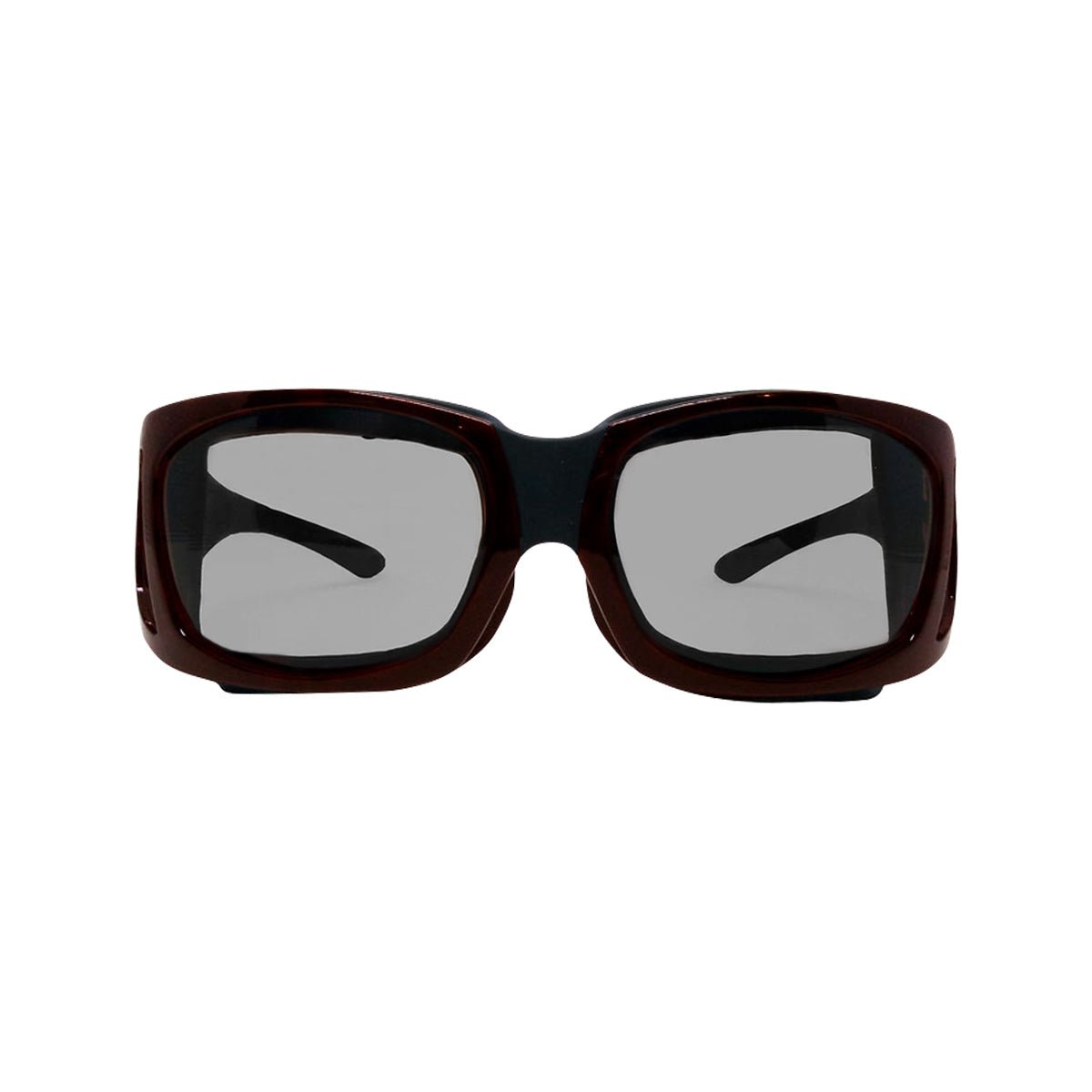 The EyeEco Large Moisture Release Eyewear by PRN features an oversized rectangular style with demi amber frames and clear lenses, shown front-facing on a white background. Includes a microfiber bag for protection.