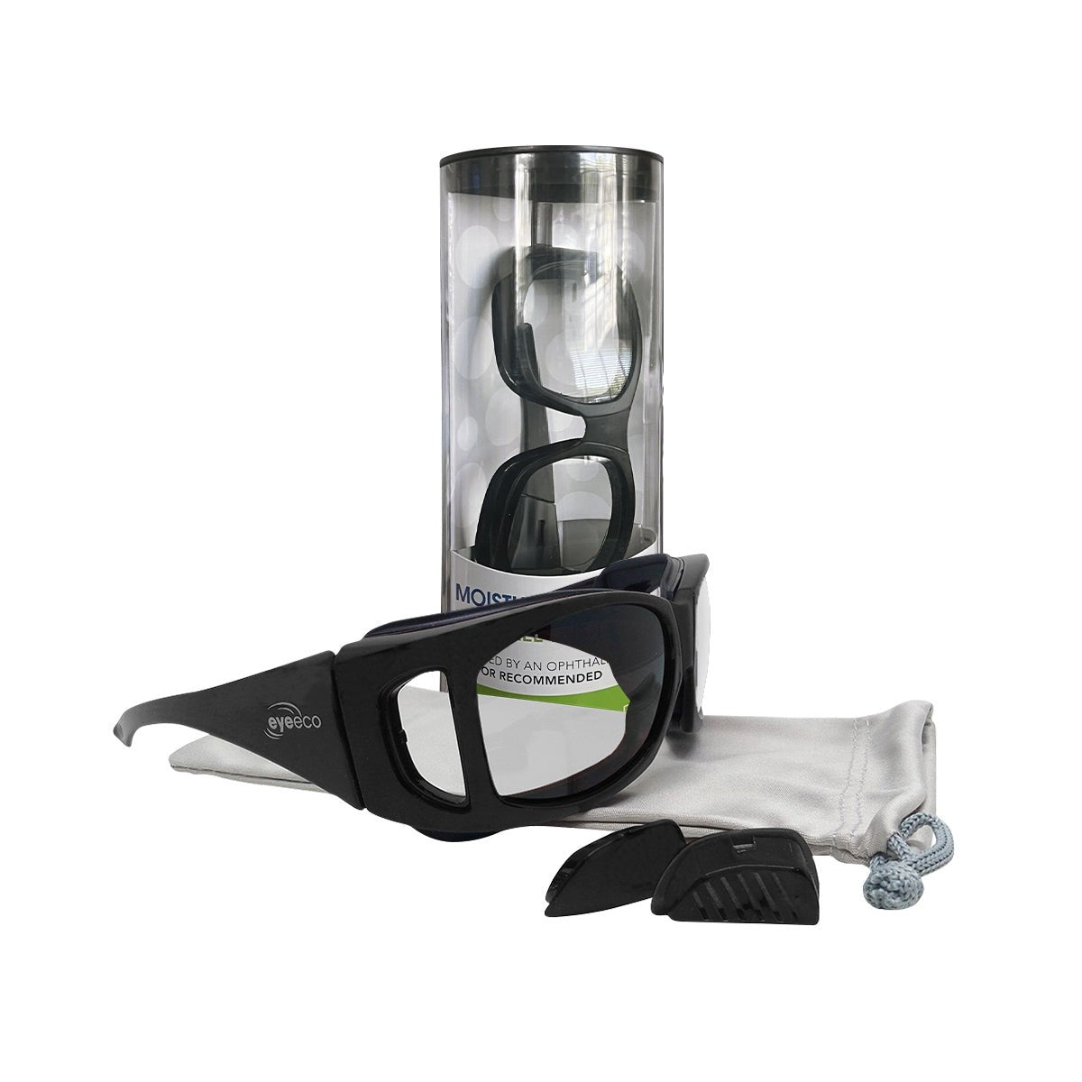 The EyeEco Large Moisture Release Eyewear in matte black with clear lenses by PRN, featuring anti-fog coating and detachable side shields, is shown in front of a cylindrical plastic case, resting on a gray drawstring pouch.