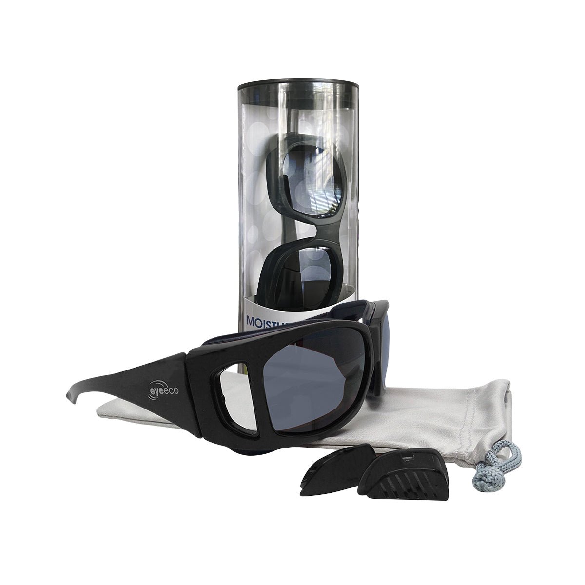 The EyeEco Large Moisture Release Eyewear by PRN, in matte black with gray lenses, features detachable side shields and an anti-fog coating. They include a carry pouch and are elegantly packaged in a cylindrical container.