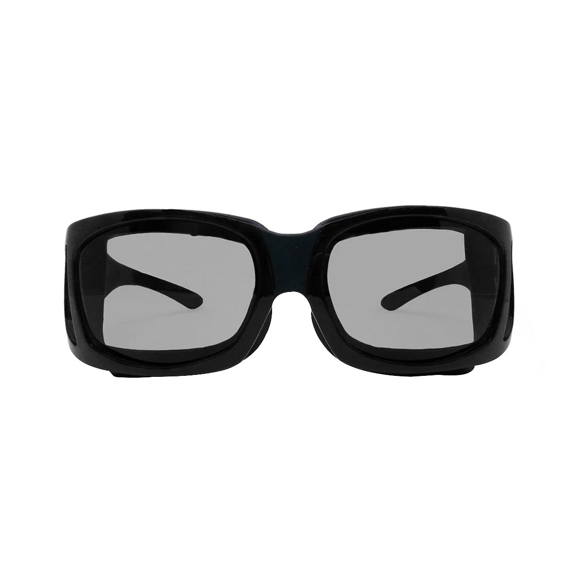 The EyeEco Large Moisture Release Eyewear in shiny black by PRN, featuring clear lenses and an anti-fog coating, is displayed against a plain white background.