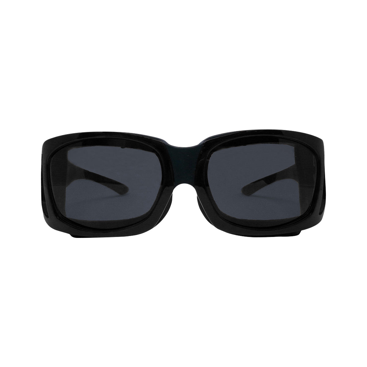 The EyeEco Large Moisture Release Eyewear by PRN, with a matte black frame and gray lenses, is oversized and rectangular. It offers an anti-fog coating, ensuring clear vision as showcased from the front on a white background.