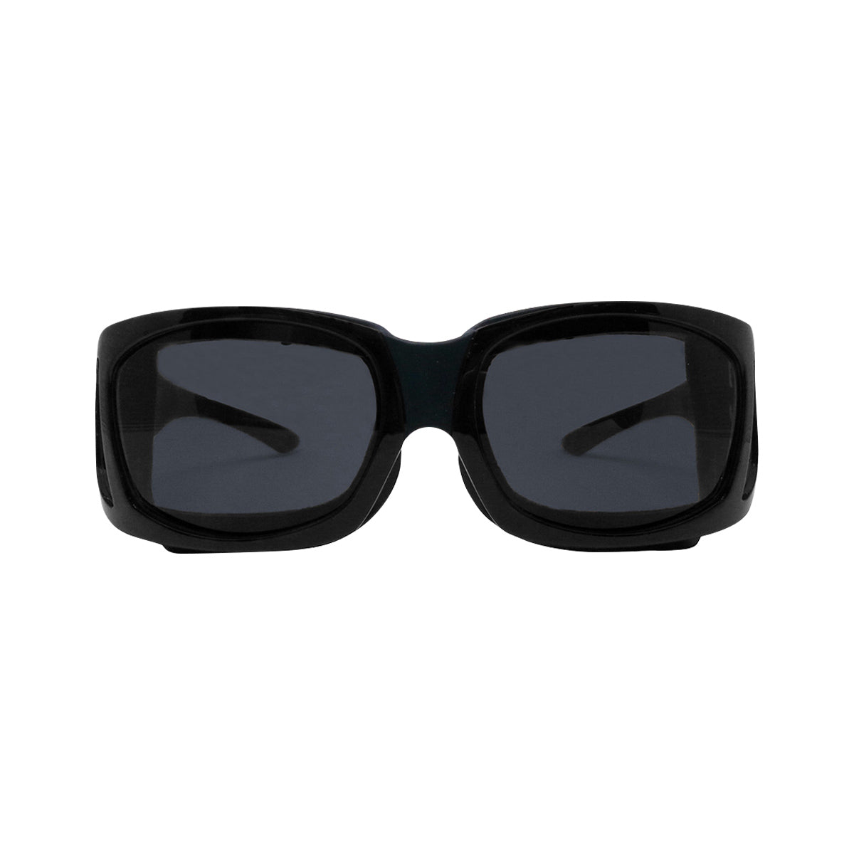 The EyeEco Large Moisture Release Eyewear by PRN features a shiny black, wide rectangular frame with gray lenses and an anti-fog coating, showcased from the front on a white background.