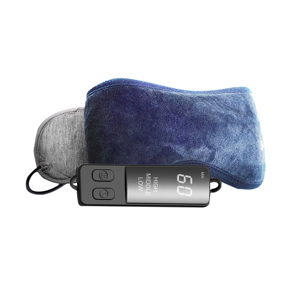 Experience soothing comfort with the MiBo USB Heating Pad, a plush blue wearable pad offering infrared heat therapy. The digital controller shows 60 and has adjustable settings (High, Middle, Low). A gray elastic strap ensures a snug fit for effective temporary eye relief. From MiBo Medical.