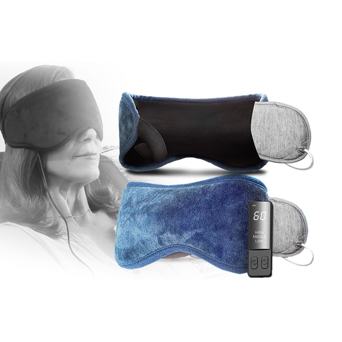 A woman wears the MiBo USB Heating Pad, a blue plush eye mask with gray accents and built-in headphones, enjoying infrared heat therapy. Nearby are two images of the same mask and a remote control showing settings against a soft gray background. Brand: MiBo Medical.