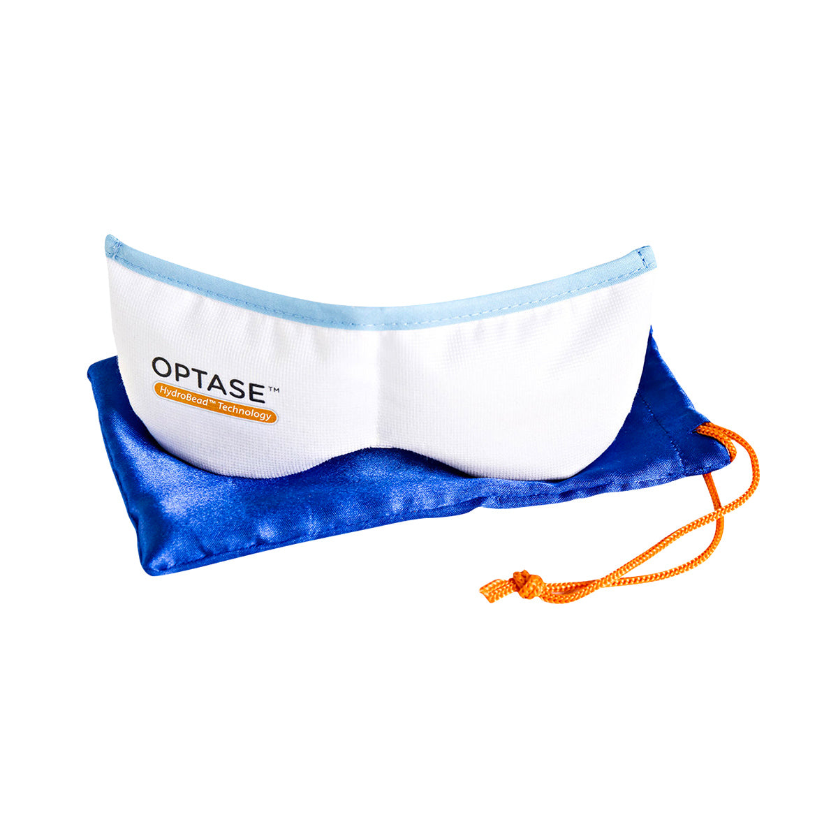 The Optase Moist Heat Dry Eye Mask, featuring ThermoBeads Technology, is a white and blue microwavable eye mask with moist therapy benefits, resting on a blue drawstring pouch with an orange closure.