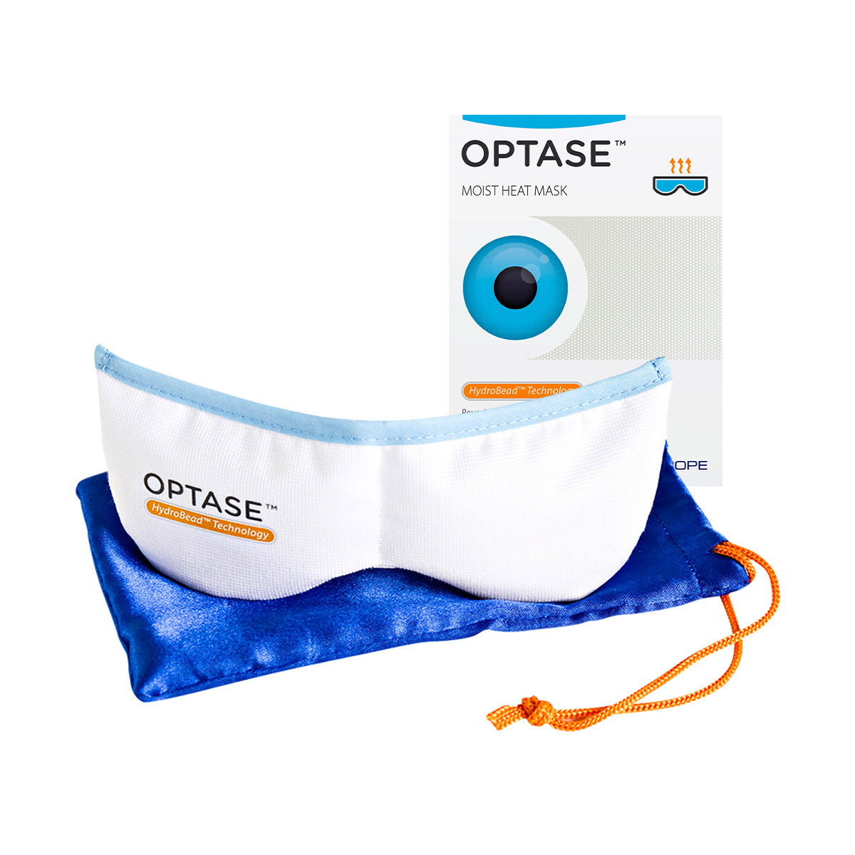 The Optase Moist Heat Dry Eye Mask in white with blue trim is displayed with its packaging and a blue pouch. Featuring HydroBead Technology, the mask aids moist heat therapy and dry eye relief by targeting meibomian gland dysfunction.