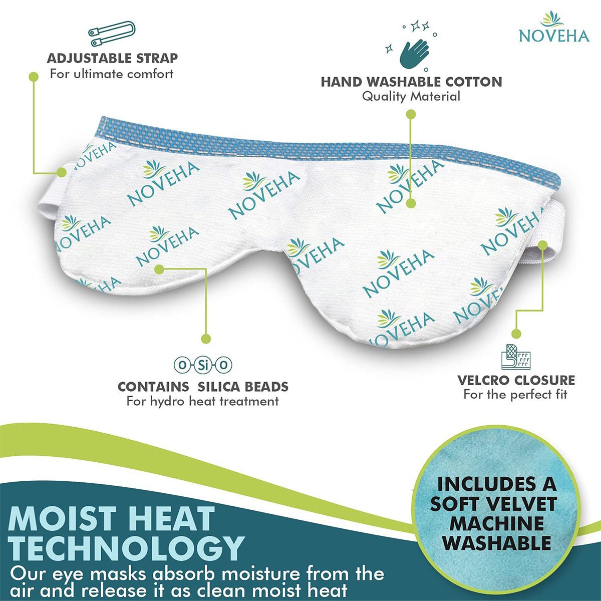 Explore the Noveha Dry Eye Mask with a washable cover, featuring an adjustable strap, velcro closure, hand-washable cotton, and silica beads. This microwavable mask provides moist therapy for soothing relief and includes a machine-washable soft velvet cover.