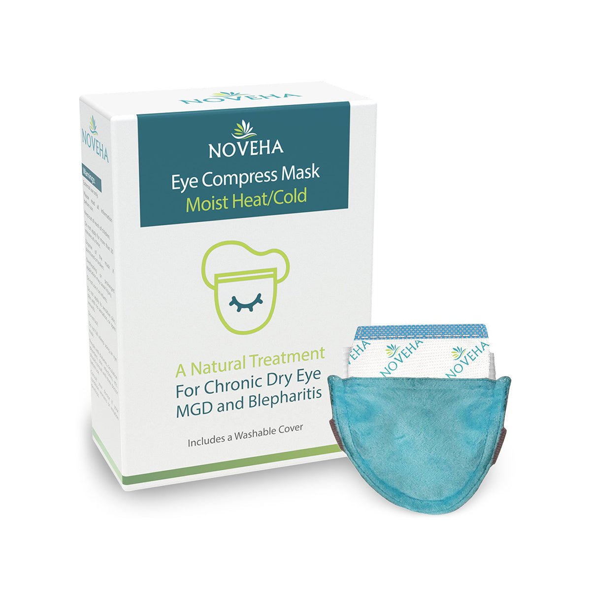 The Noveha Dry Eye Mask with Washable Cover, Microwavable (Single-Eye), offers moist heating for dry eye, MGD, and blepharitis. It features a teal design, ensuring comfort with its branded insert.