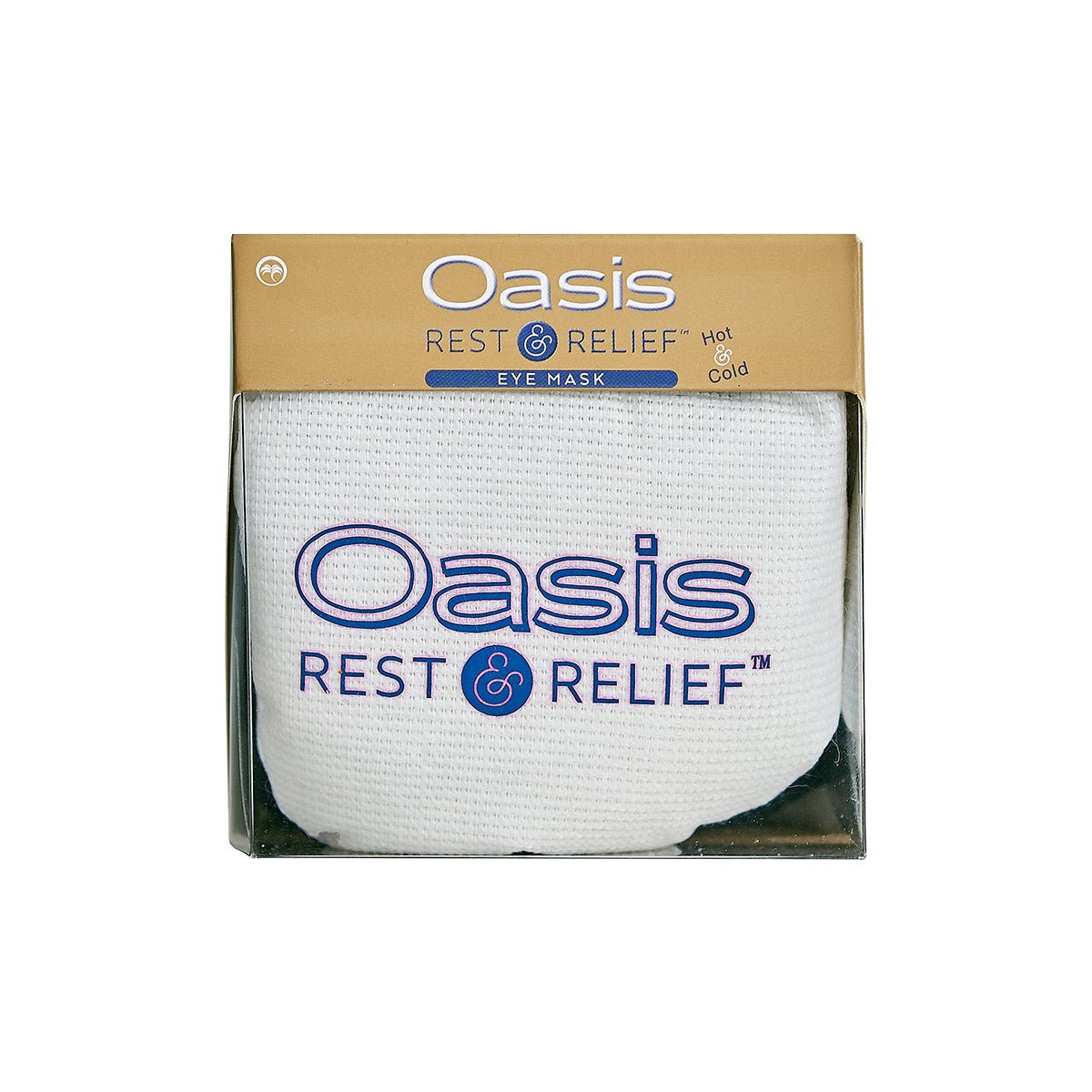 The Oasis Hot & Cold Dry Eye & Allergy Mask by Oasis Medical is designed for hot and cold use, offering soothing relief for headaches and sinus pressure. Packaged to partially reveal its white mask imprinted with Oasis Rest & Relief in blue, it comes in a translucent box.