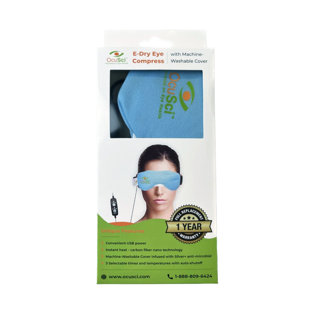 The OcuSci E-Compress USB Eye Heat Mask package highlights a blue mask seen through a cutout, stressing dry eye relief. It offers therapeutic heat via USB and comes with a machine-washable cover. Contact info and a 1-year warranty are clearly shown.