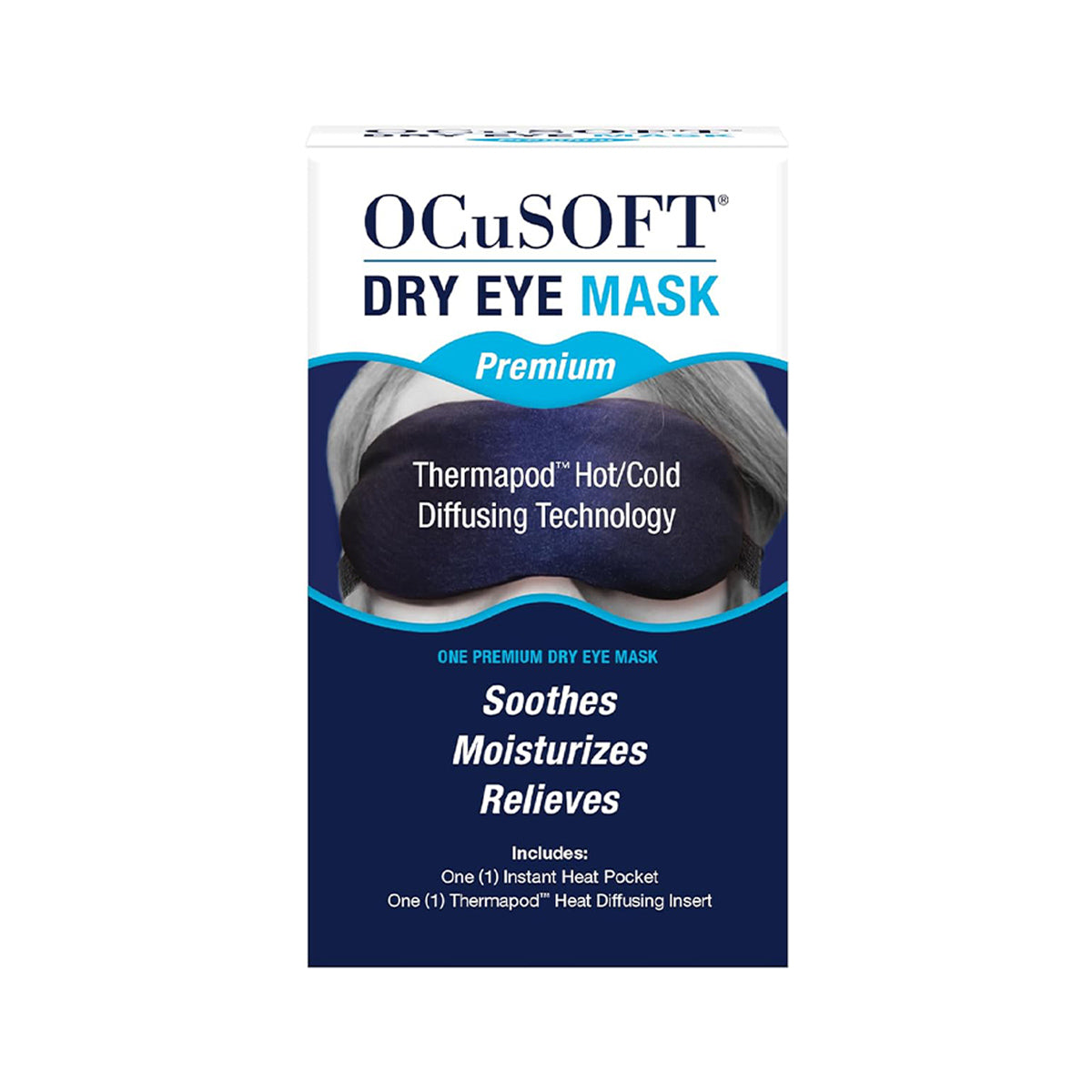 Packaging for the Ocusoft Premium Eye Mask by OCuSOFT, showcasing Thermapod technology. The dark blue and white box emphasizes moist-heat therapy benefits with an instant heat pocket and heat-diffusing insert for effective relief.