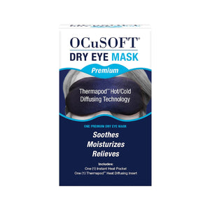 Packaging for the Ocusoft Premium Eye Mask by OCuSOFT, showcasing Thermapod technology. The dark blue and white box emphasizes moist-heat therapy benefits with an instant heat pocket and heat-diffusing insert for effective relief.