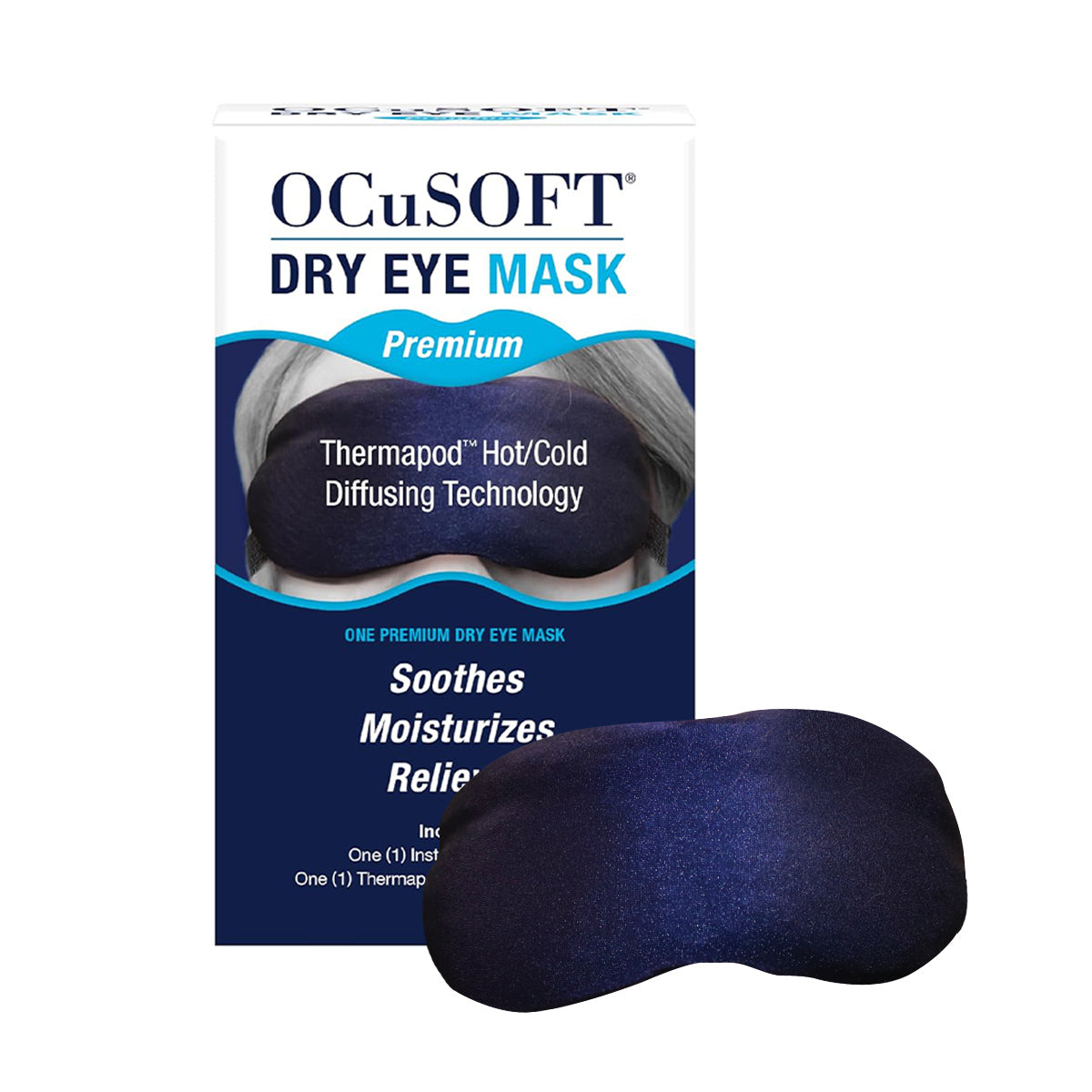 The image shows a box labeled Ocusoft Premium Eye Mask by OCuSOFT with Thermapod® Hot/Cold Diffusing Technology, highlighting soothing, moisturizing relief. A dark-colored dry eye mask for moist-heat therapy is prominently displayed in front of the box.