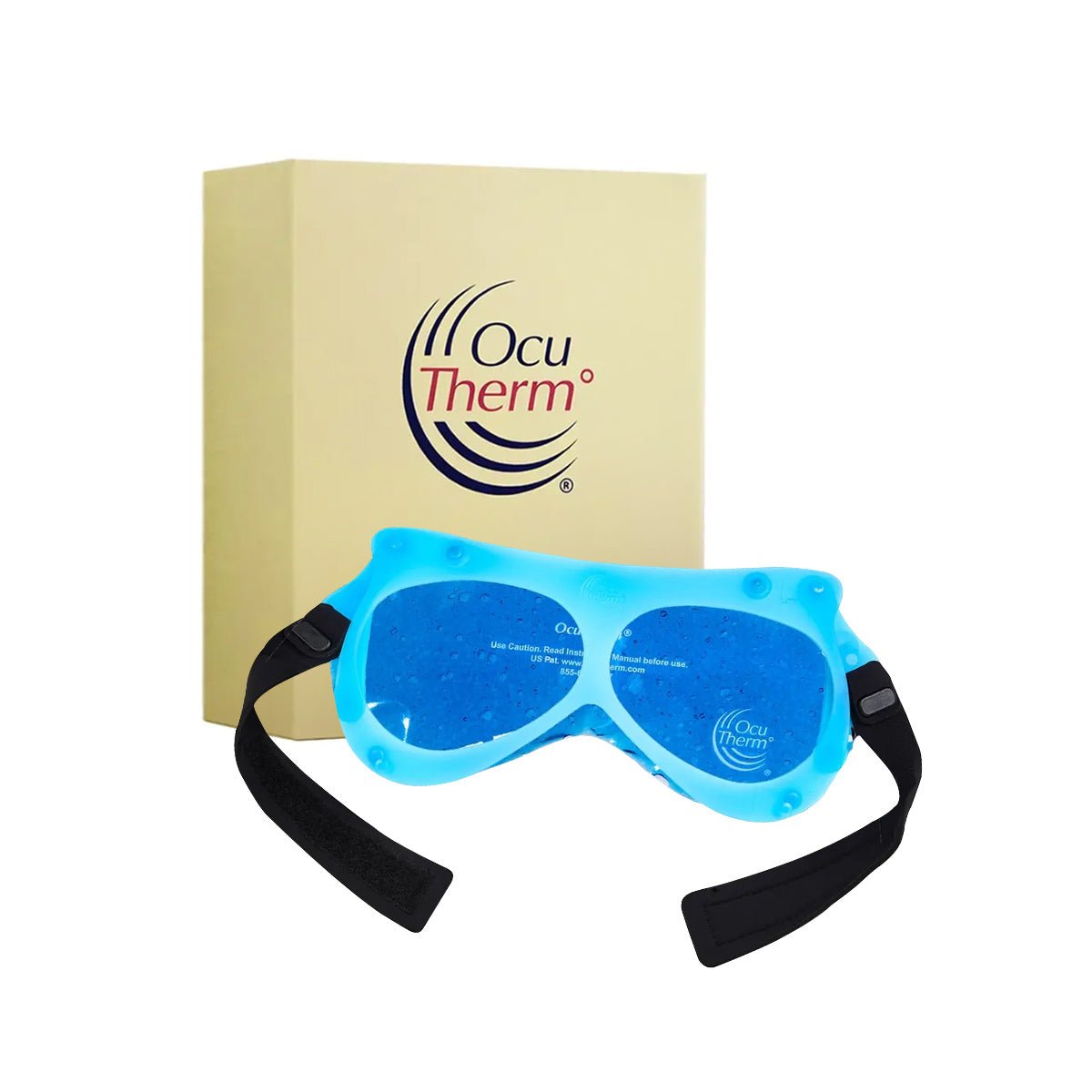 A pair of vibrant blue OcuTherm Heat and Cold Gel Mask goggles with black adjustable straps is displayed in front of a beige OcuTherm box, offering soothing eye relief with its cooling gel pack.