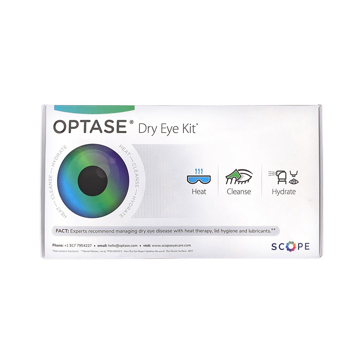 The image shows a box for the Optase DryEye Kit with essentials for relief, featuring icons for Heat, Cleanse, and Hydrate, emphasizing moist heat therapy and eyelid hygiene. Contact info and the SCOPE website appear at the bottom, alongside an eye graphic on the left.