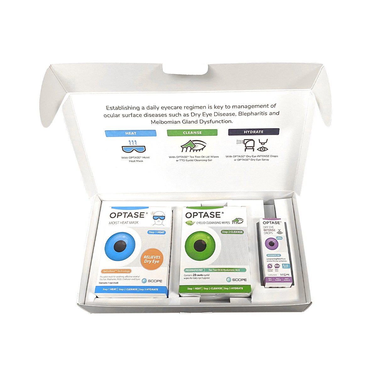 An open white box reveals the Optase DryEye Kit (A), ideal for relieving dry eye. It contains a heat mask, cleansing wipes, and intense eye drops. The lid stresses daily use of Moist Heat Therapy for managing surface diseases such as dry eye.