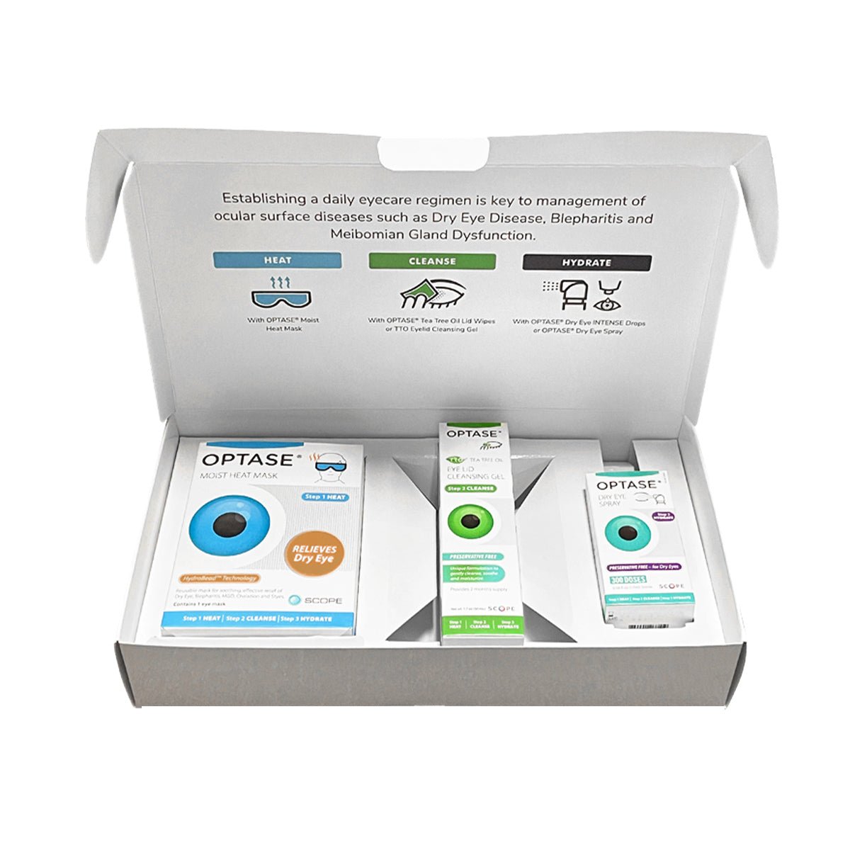 Unbox the Optase DryEye Kit featuring a heat mask, cleaning gel, and intense drops for dry eye relief. The packaging emphasizes three steps: Heat, Cleanse, Hydrate, essential for managing ocular surface diseases with effective moist heat therapy and eyelid hygiene.