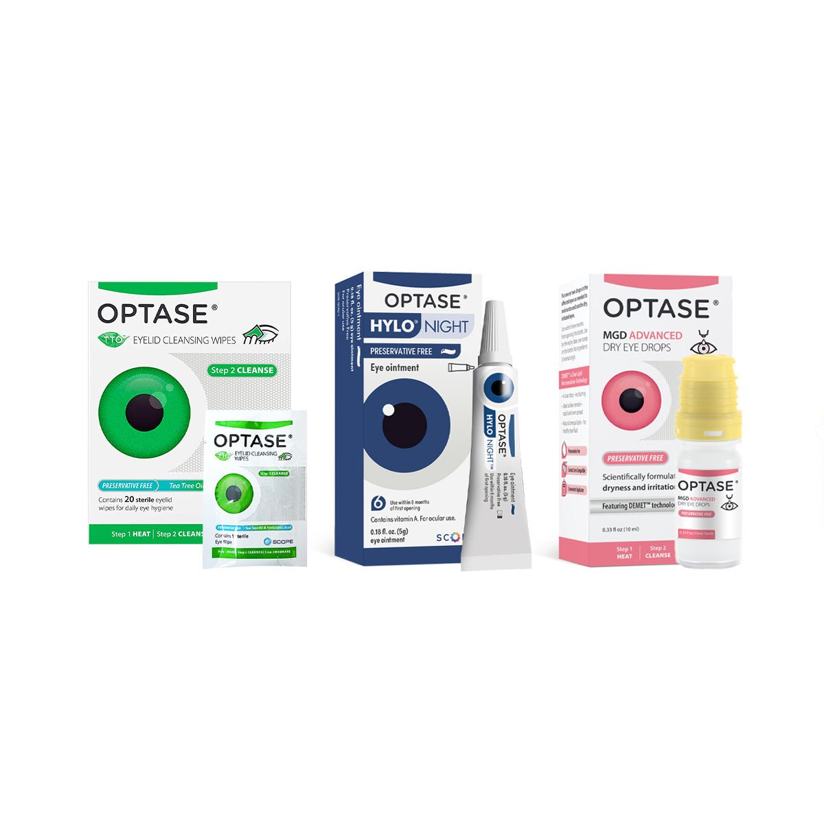 The Optase Daily Routine Dry Eye Bundle, including preservative-free drops, tea tree oil-enriched cleansing wipes for eyelid hygiene, and Hylo Night eye ointment, is elegantly displayed on a pristine white background.