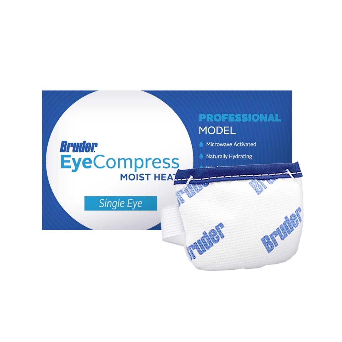 A product image shows the Bruder Moist Heat Eye Compress – Single Eye, featuring blue and white packaging labeled Professional Model and Microwave Activated. Next to the box is an eye compress with a white surface and blue text highlighting MediBeads Technology for dry eye relief.